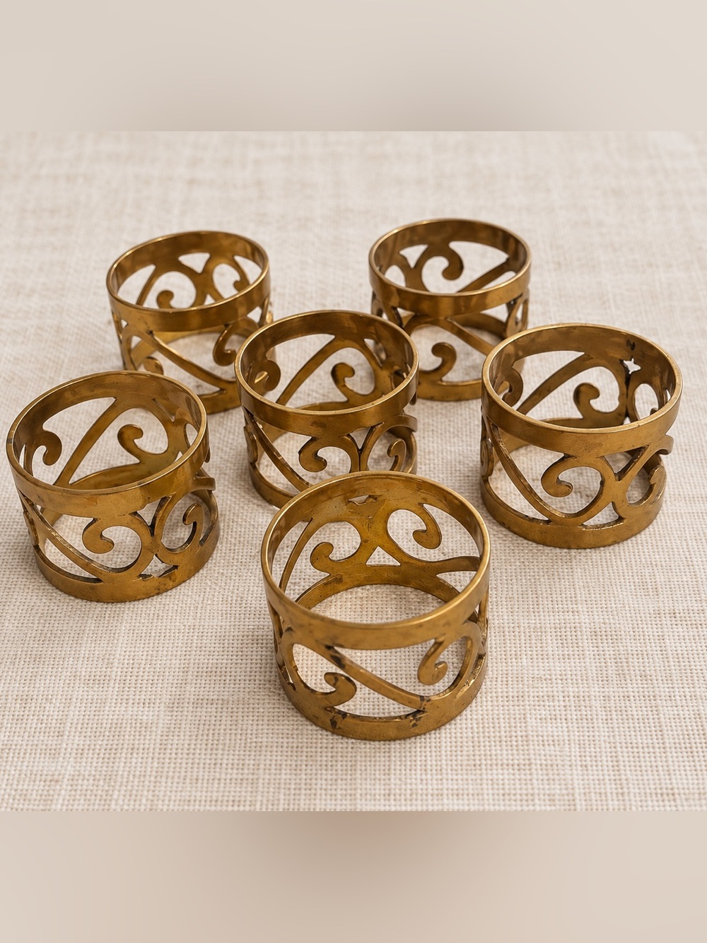 Vintage Brass Filigree Napkin Rings Set of 6 Aged Patina